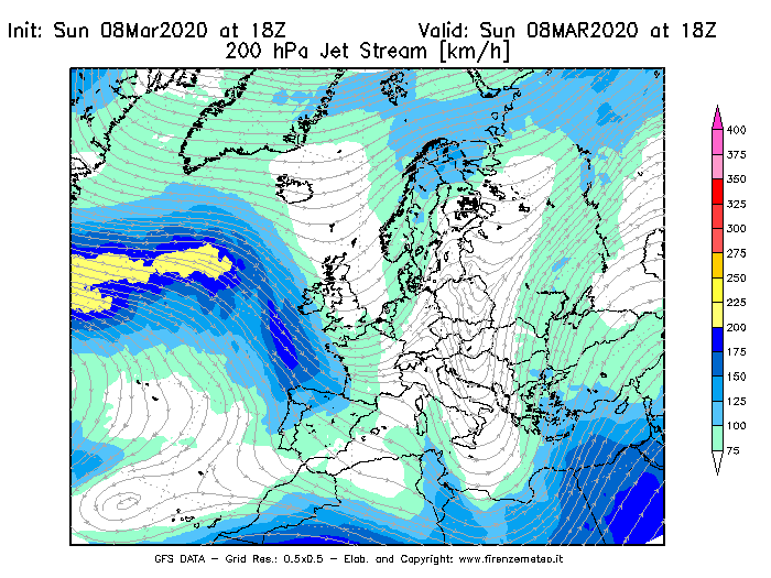 Mappa di analisi GFS - Jet Stream a 200 hPa in Europa
							del 08/03/2020 18 <!--googleoff: index-->UTC<!--googleon: index-->