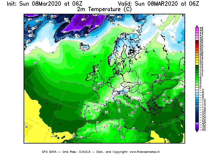 Mappa di analisi GFS - Temperatura a 2 metri dal suolo [°C] in Europa
							del 08/03/2020 06 <!--googleoff: index-->UTC<!--googleon: index-->