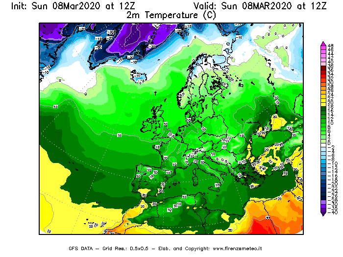 Mappa di analisi GFS - Temperatura a 2 metri dal suolo [°C] in Europa
							del 08/03/2020 12 <!--googleoff: index-->UTC<!--googleon: index-->