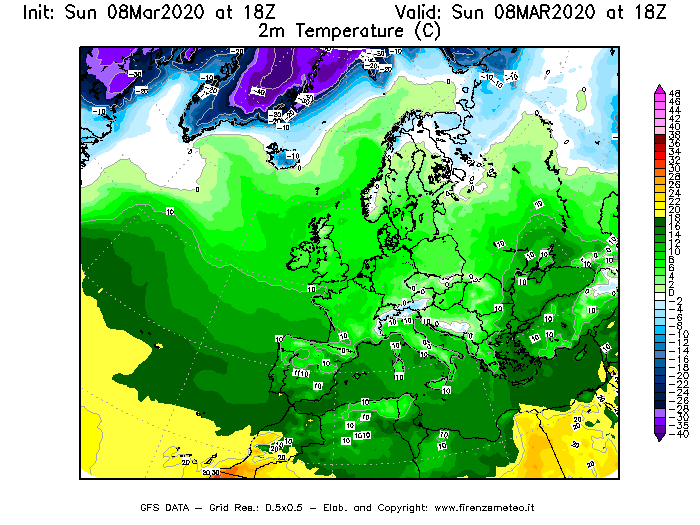Mappa di analisi GFS - Temperatura a 2 metri dal suolo [°C] in Europa
							del 08/03/2020 18 <!--googleoff: index-->UTC<!--googleon: index-->