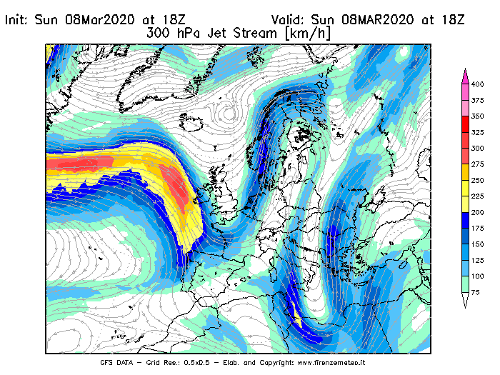 Mappa di analisi GFS - Jet Stream a 300 hPa in Europa
							del 08/03/2020 18 <!--googleoff: index-->UTC<!--googleon: index-->