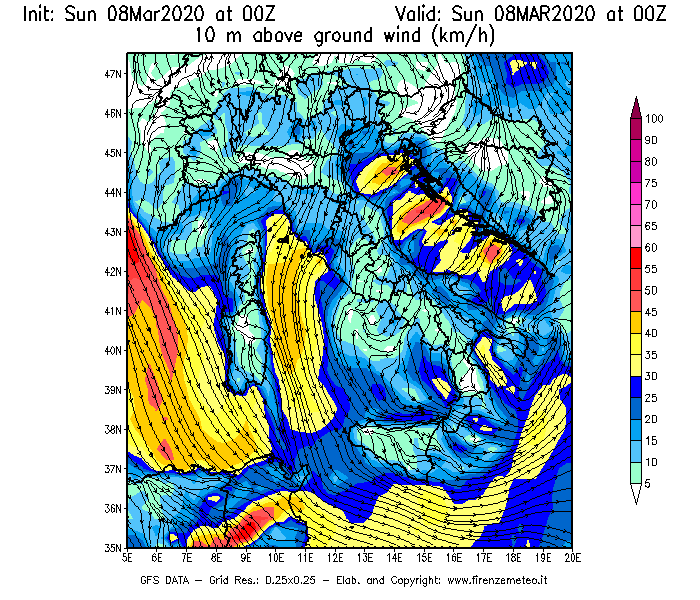 Mappa di analisi GFS - Velocità del vento a 10 metri dal suolo [km/h] in Italia
							del 08/03/2020 00 <!--googleoff: index-->UTC<!--googleon: index-->