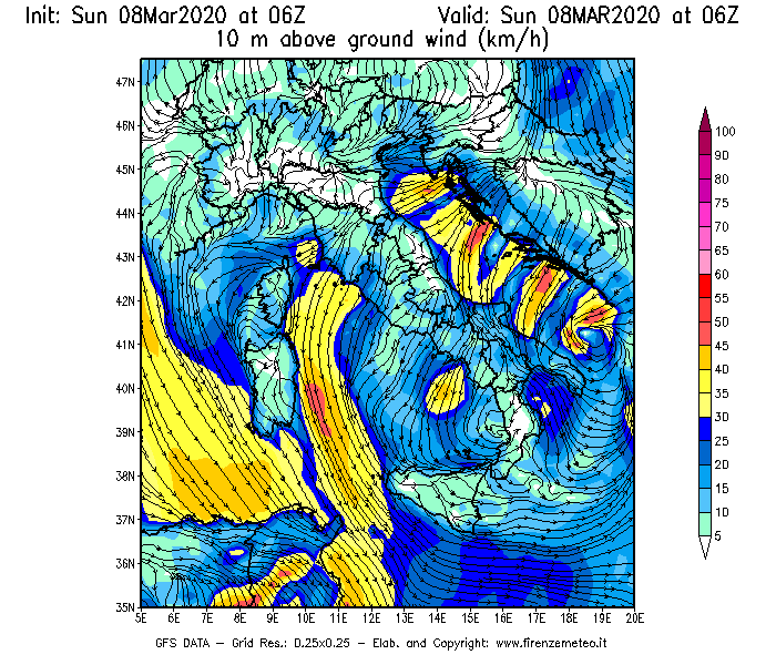 Mappa di analisi GFS - Velocità del vento a 10 metri dal suolo [km/h] in Italia
							del 08/03/2020 06 <!--googleoff: index-->UTC<!--googleon: index-->