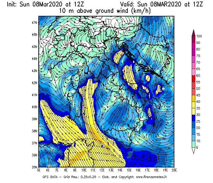 Mappa di analisi GFS - Velocità del vento a 10 metri dal suolo [km/h] in Italia
							del 08/03/2020 12 <!--googleoff: index-->UTC<!--googleon: index-->