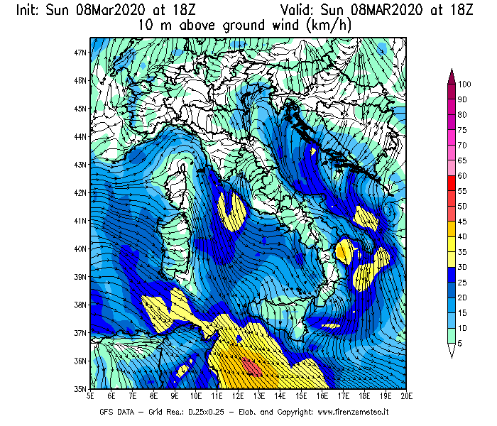 Mappa di analisi GFS - Velocità del vento a 10 metri dal suolo [km/h] in Italia
							del 08/03/2020 18 <!--googleoff: index-->UTC<!--googleon: index-->