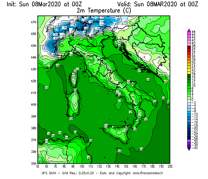 Mappa di analisi GFS - Temperatura a 2 metri dal suolo [°C] in Italia
							del 08/03/2020 00 <!--googleoff: index-->UTC<!--googleon: index-->