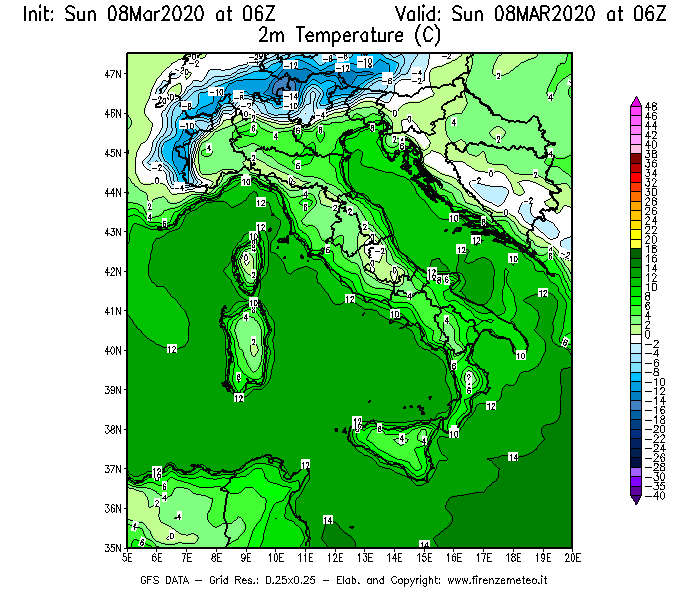 Mappa di analisi GFS - Temperatura a 2 metri dal suolo [°C] in Italia
							del 08/03/2020 06 <!--googleoff: index-->UTC<!--googleon: index-->