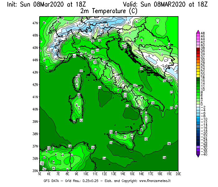 Mappa di analisi GFS - Temperatura a 2 metri dal suolo [°C] in Italia
							del 08/03/2020 18 <!--googleoff: index-->UTC<!--googleon: index-->