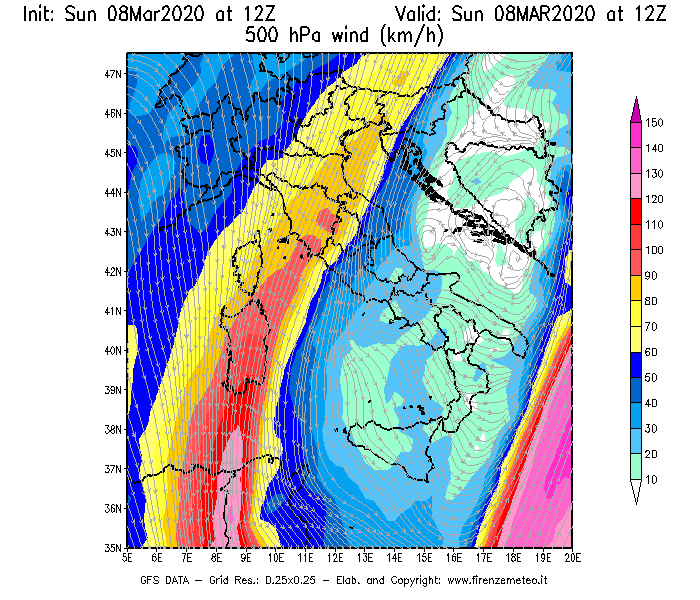 Mappa di analisi GFS - Velocità del vento a 500 hPa [km/h] in Italia
							del 08/03/2020 12 <!--googleoff: index-->UTC<!--googleon: index-->