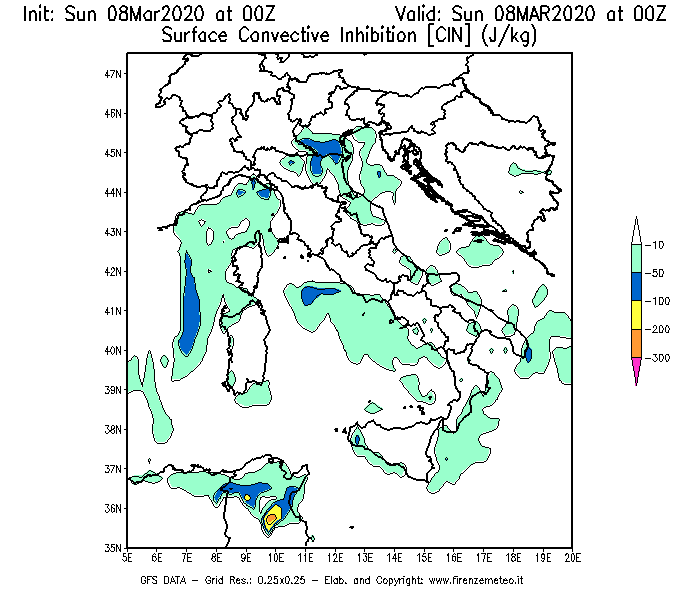 Mappa di analisi GFS - CIN [J/kg] in Italia
							del 08/03/2020 00 <!--googleoff: index-->UTC<!--googleon: index-->