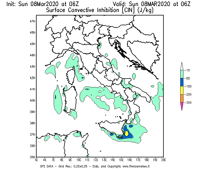 Mappa di analisi GFS - CIN [J/kg] in Italia
							del 08/03/2020 06 <!--googleoff: index-->UTC<!--googleon: index-->