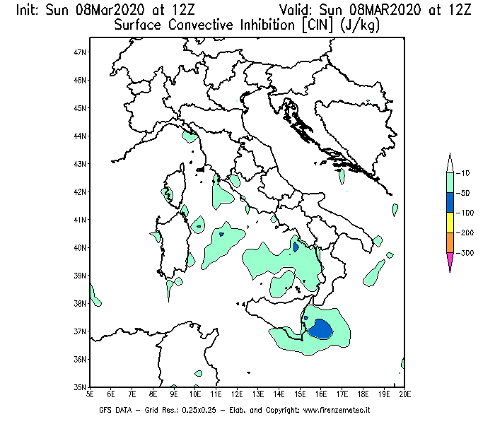 Mappa di analisi GFS - CIN [J/kg] in Italia
							del 08/03/2020 12 <!--googleoff: index-->UTC<!--googleon: index-->