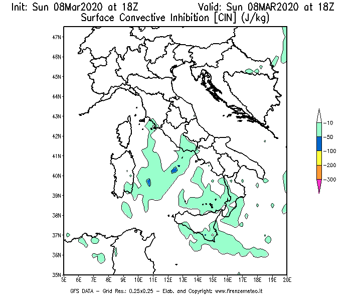 Mappa di analisi GFS - CIN [J/kg] in Italia
							del 08/03/2020 18 <!--googleoff: index-->UTC<!--googleon: index-->