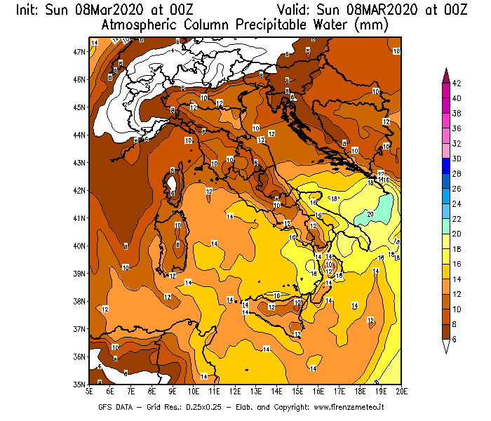 Mappa di analisi GFS - Precipitable Water [mm] in Italia
							del 08/03/2020 00 <!--googleoff: index-->UTC<!--googleon: index-->