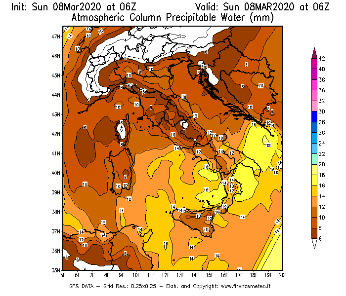 Mappa di analisi GFS - Precipitable Water [mm] in Italia
							del 08/03/2020 06 <!--googleoff: index-->UTC<!--googleon: index-->