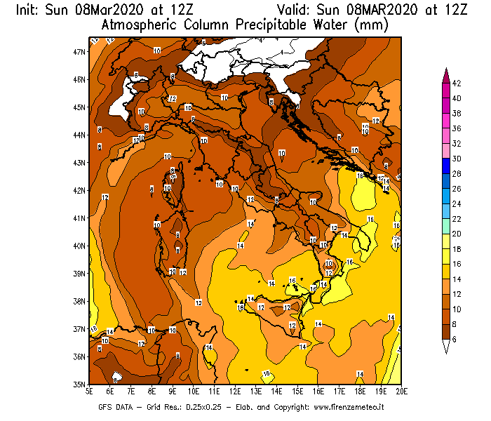 Mappa di analisi GFS - Precipitable Water [mm] in Italia
							del 08/03/2020 12 <!--googleoff: index-->UTC<!--googleon: index-->