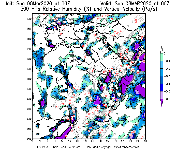Mappa di analisi GFS - Umidità relativa [%] e Omega [Pa/s] a 500 hPa in Italia
							del 08/03/2020 00 <!--googleoff: index-->UTC<!--googleon: index-->