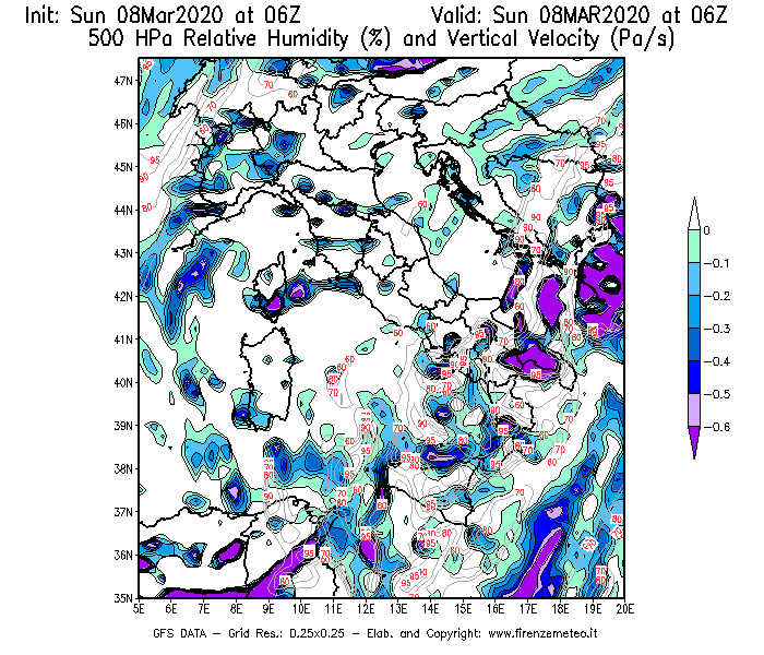 Mappa di analisi GFS - Umidità relativa [%] e Omega [Pa/s] a 500 hPa in Italia
							del 08/03/2020 06 <!--googleoff: index-->UTC<!--googleon: index-->
