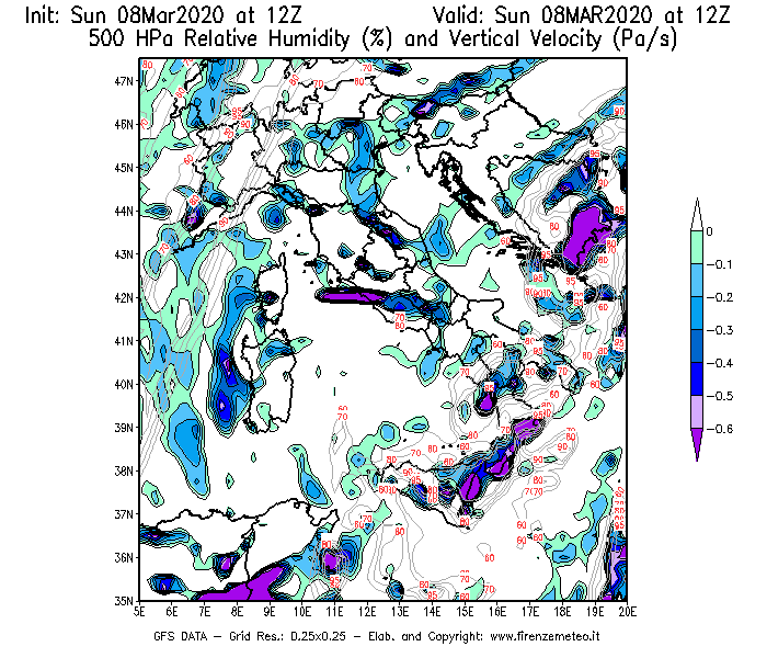 Mappa di analisi GFS - Umidità relativa [%] e Omega [Pa/s] a 500 hPa in Italia
							del 08/03/2020 12 <!--googleoff: index-->UTC<!--googleon: index-->