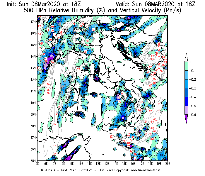 Mappa di analisi GFS - Umidità relativa [%] e Omega [Pa/s] a 500 hPa in Italia
							del 08/03/2020 18 <!--googleoff: index-->UTC<!--googleon: index-->