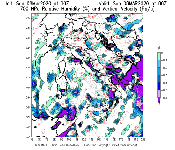Mappa di analisi GFS - Umidità relativa [%] e Omega [Pa/s] a 700 hPa in Italia
							del 08/03/2020 00 <!--googleoff: index-->UTC<!--googleon: index-->