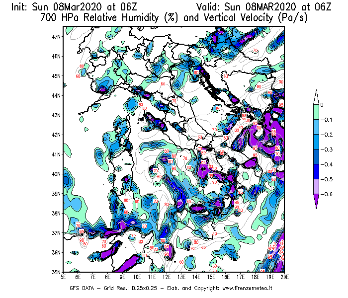Mappa di analisi GFS - Umidità relativa [%] e Omega [Pa/s] a 700 hPa in Italia
							del 08/03/2020 06 <!--googleoff: index-->UTC<!--googleon: index-->