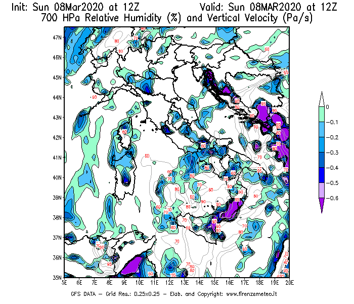 Mappa di analisi GFS - Umidità relativa [%] e Omega [Pa/s] a 700 hPa in Italia
							del 08/03/2020 12 <!--googleoff: index-->UTC<!--googleon: index-->