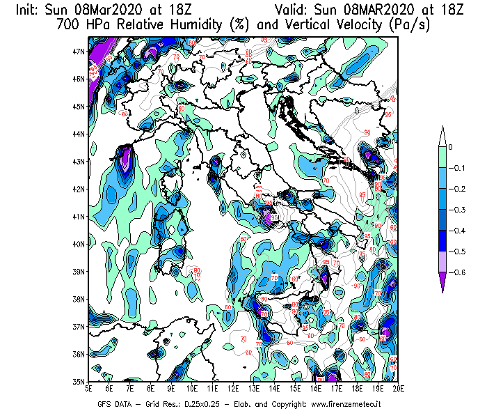 Mappa di analisi GFS - Umidità relativa [%] e Omega [Pa/s] a 700 hPa in Italia
							del 08/03/2020 18 <!--googleoff: index-->UTC<!--googleon: index-->