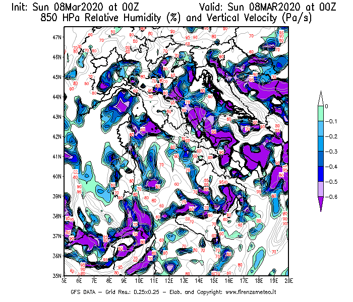 Mappa di analisi GFS - Umidità relativa [%] e Omega [Pa/s] a 850 hPa in Italia
							del 08/03/2020 00 <!--googleoff: index-->UTC<!--googleon: index-->