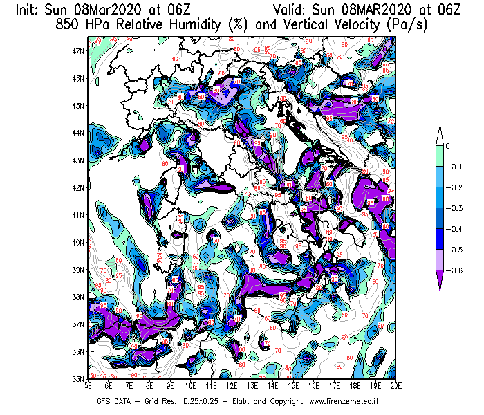 Mappa di analisi GFS - Umidità relativa [%] e Omega [Pa/s] a 850 hPa in Italia
							del 08/03/2020 06 <!--googleoff: index-->UTC<!--googleon: index-->