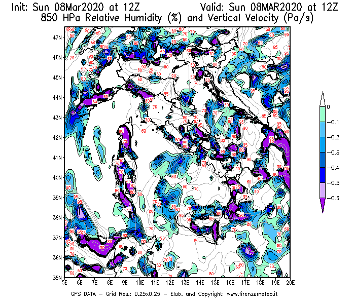 Mappa di analisi GFS - Umidità relativa [%] e Omega [Pa/s] a 850 hPa in Italia
							del 08/03/2020 12 <!--googleoff: index-->UTC<!--googleon: index-->