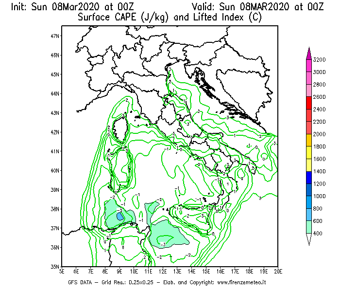 Mappa di analisi GFS - CAPE [J/kg] e Lifted Index [°C] in Italia
							del 08/03/2020 00 <!--googleoff: index-->UTC<!--googleon: index-->