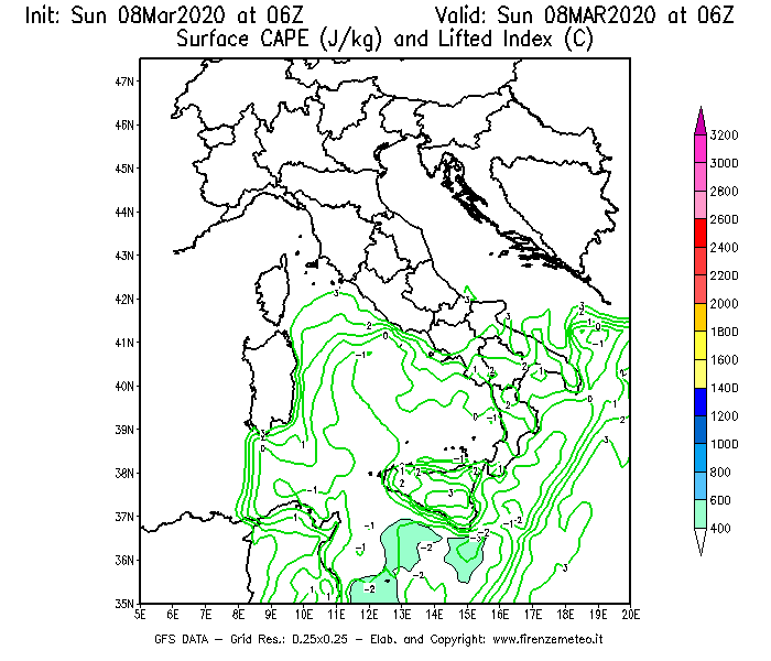 Mappa di analisi GFS - CAPE [J/kg] e Lifted Index [°C] in Italia
							del 08/03/2020 06 <!--googleoff: index-->UTC<!--googleon: index-->
