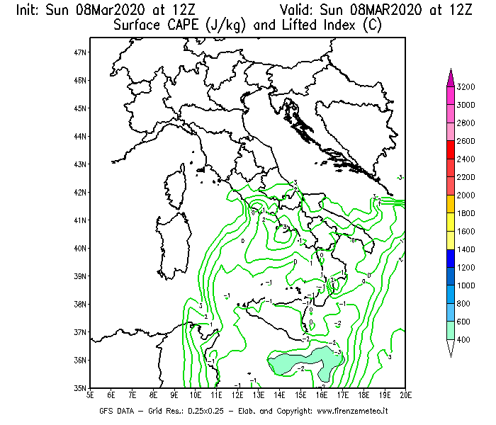 Mappa di analisi GFS - CAPE [J/kg] e Lifted Index [°C] in Italia
							del 08/03/2020 12 <!--googleoff: index-->UTC<!--googleon: index-->