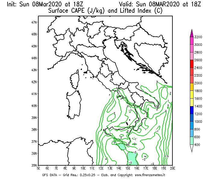 Mappa di analisi GFS - CAPE [J/kg] e Lifted Index [°C] in Italia
							del 08/03/2020 18 <!--googleoff: index-->UTC<!--googleon: index-->