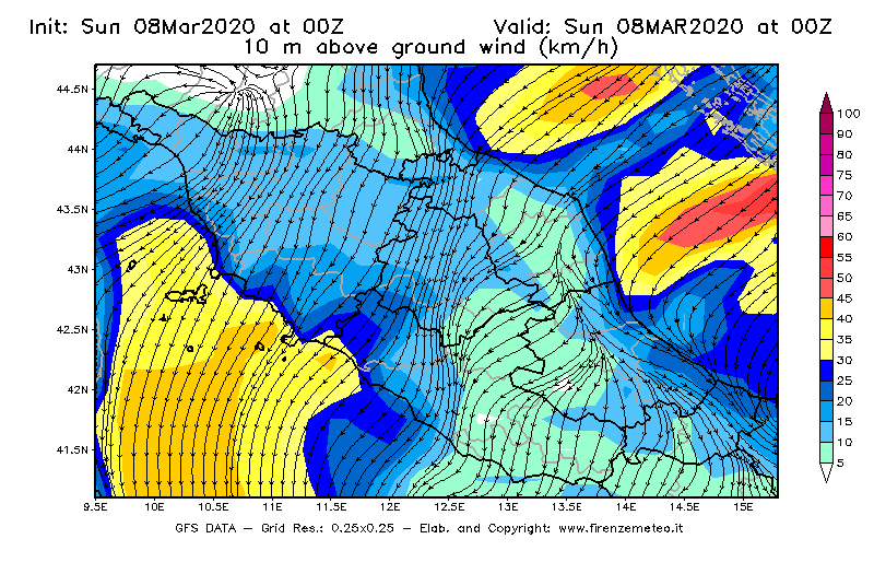Mappa di analisi GFS - Velocità del vento a 10 metri dal suolo [km/h] in Centro-Italia
							del 08/03/2020 00 <!--googleoff: index-->UTC<!--googleon: index-->