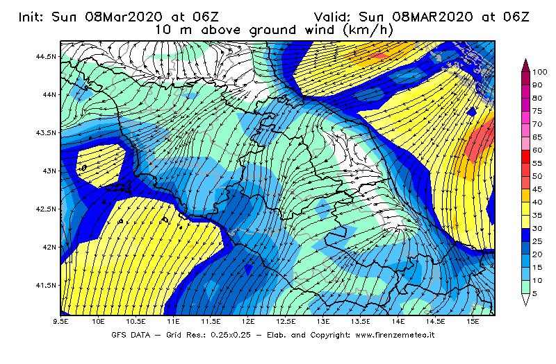 Mappa di analisi GFS - Velocità del vento a 10 metri dal suolo [km/h] in Centro-Italia
							del 08/03/2020 06 <!--googleoff: index-->UTC<!--googleon: index-->