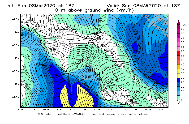 Mappa di analisi GFS - Velocità del vento a 10 metri dal suolo [km/h] in Centro-Italia
							del 08/03/2020 18 <!--googleoff: index-->UTC<!--googleon: index-->
