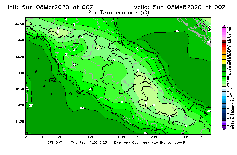 Mappa di analisi GFS - Temperatura a 2 metri dal suolo [°C] in Centro-Italia
							del 08/03/2020 00 <!--googleoff: index-->UTC<!--googleon: index-->