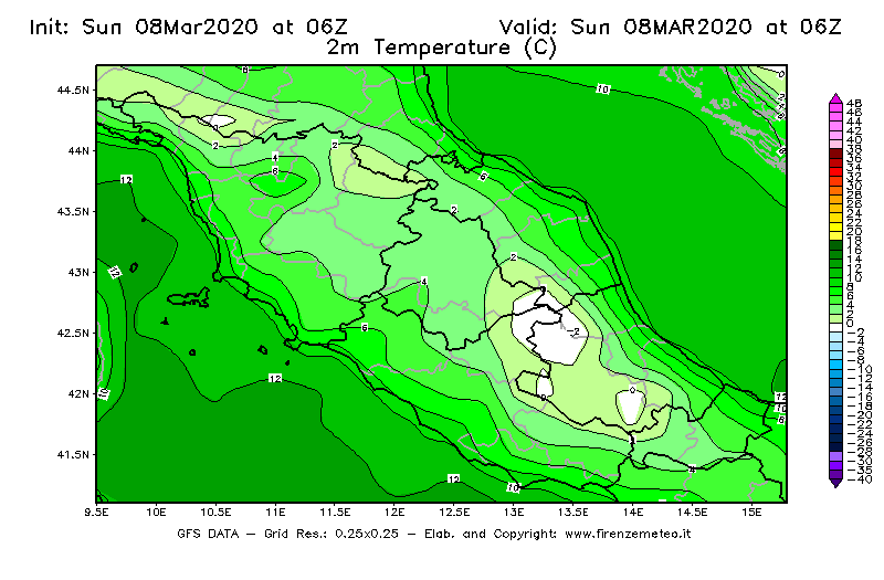 Mappa di analisi GFS - Temperatura a 2 metri dal suolo [°C] in Centro-Italia
							del 08/03/2020 06 <!--googleoff: index-->UTC<!--googleon: index-->