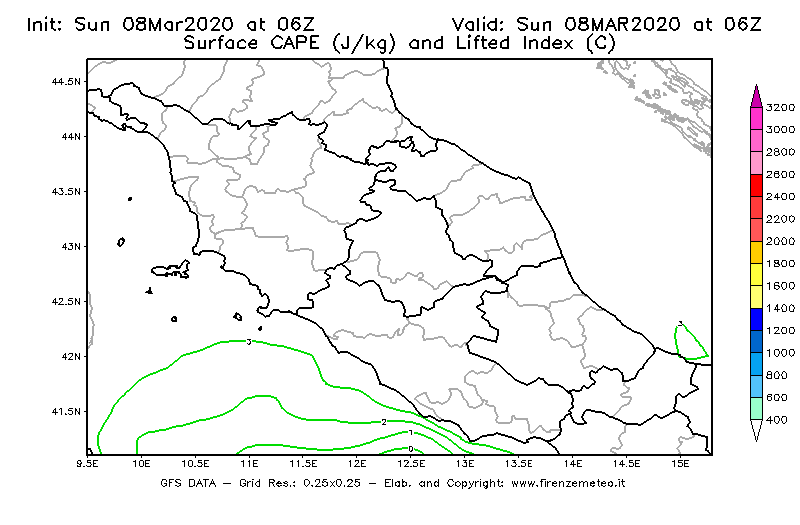 Mappa di analisi GFS - CAPE [J/kg] e Lifted Index [°C] in Centro-Italia
							del 08/03/2020 06 <!--googleoff: index-->UTC<!--googleon: index-->