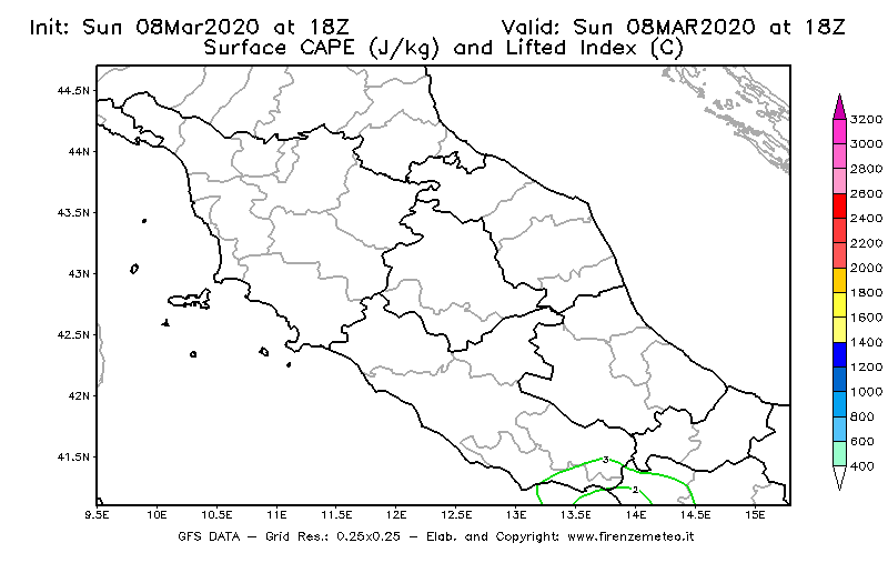 Mappa di analisi GFS - CAPE [J/kg] e Lifted Index [°C] in Centro-Italia
							del 08/03/2020 18 <!--googleoff: index-->UTC<!--googleon: index-->