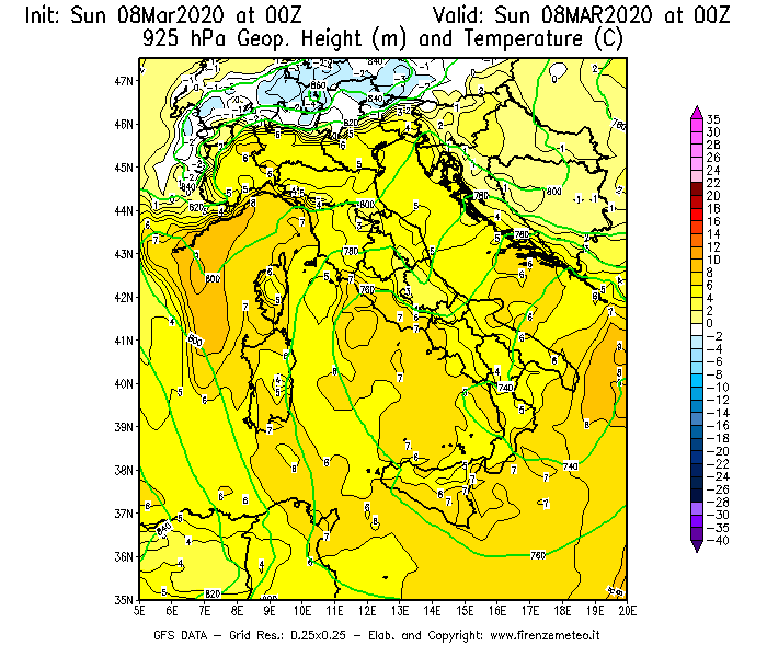Mappa di analisi GFS - Geopotenziale [m] e Temperatura [°C] a 925 hPa in Italia
							del 08/03/2020 00 <!--googleoff: index-->UTC<!--googleon: index-->