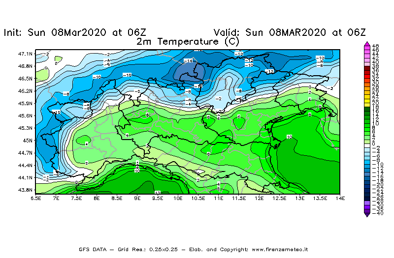 Mappa di analisi GFS - Temperatura a 2 metri dal suolo [°C] in Nord-Italia
							del 08/03/2020 06 <!--googleoff: index-->UTC<!--googleon: index-->