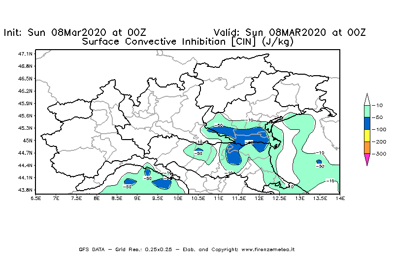 Mappa di analisi GFS - CIN [J/kg] in Nord-Italia
							del 08/03/2020 00 <!--googleoff: index-->UTC<!--googleon: index-->