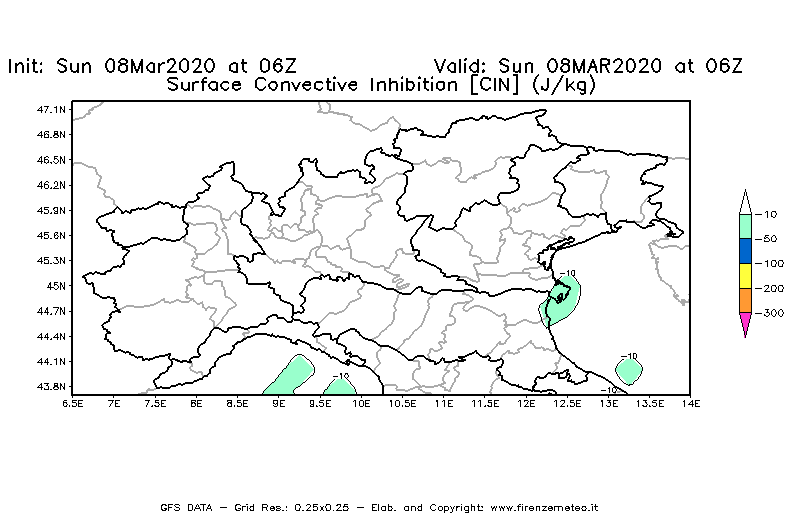 Mappa di analisi GFS - CIN [J/kg] in Nord-Italia
							del 08/03/2020 06 <!--googleoff: index-->UTC<!--googleon: index-->