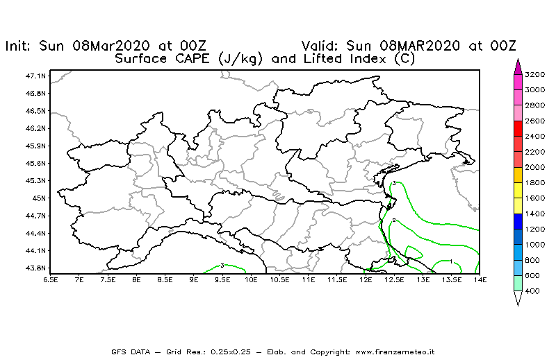Mappa di analisi GFS - CAPE [J/kg] e Lifted Index [°C] in Nord-Italia
							del 08/03/2020 00 <!--googleoff: index-->UTC<!--googleon: index-->