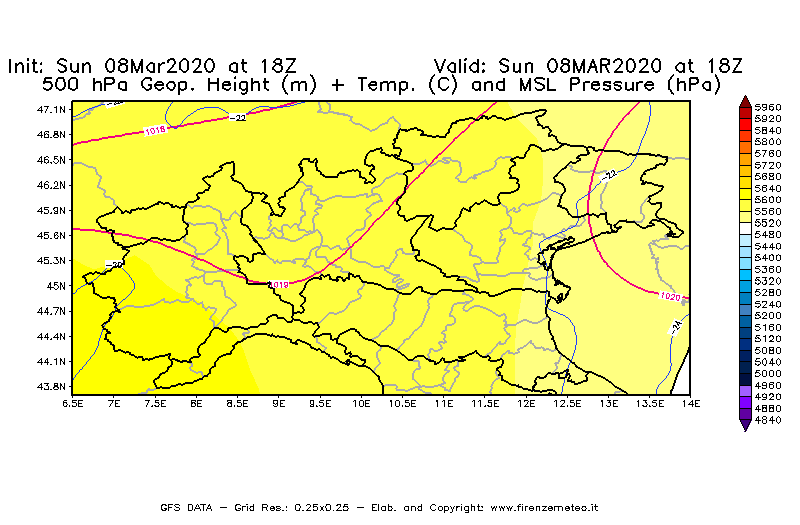 Mappa di analisi GFS - Geopotenziale [m] + Temp. [°C] a 500 hPa + Press. a livello del mare [hPa] in Nord-Italia
							del 08/03/2020 18 <!--googleoff: index-->UTC<!--googleon: index-->