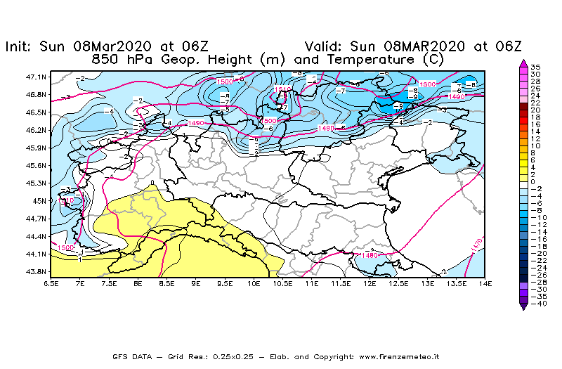 Mappa di analisi GFS - Geopotenziale [m] e Temperatura [°C] a 850 hPa in Nord-Italia
							del 08/03/2020 06 <!--googleoff: index-->UTC<!--googleon: index-->