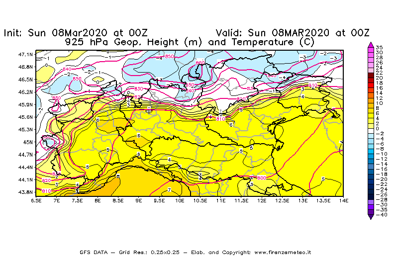 Mappa di analisi GFS - Geopotenziale [m] e Temperatura [°C] a 925 hPa in Nord-Italia
							del 08/03/2020 00 <!--googleoff: index-->UTC<!--googleon: index-->